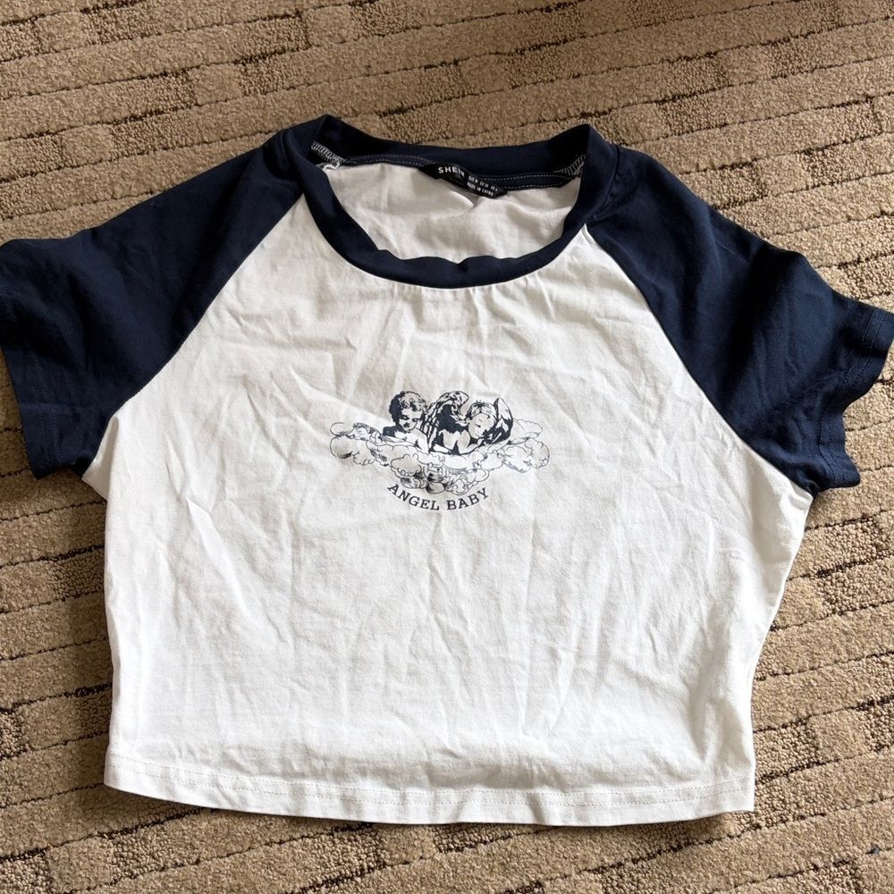 SHEIN Angel Baby Graphic Raglan Crop Tee White Navy Y2K Baby Tee NWT